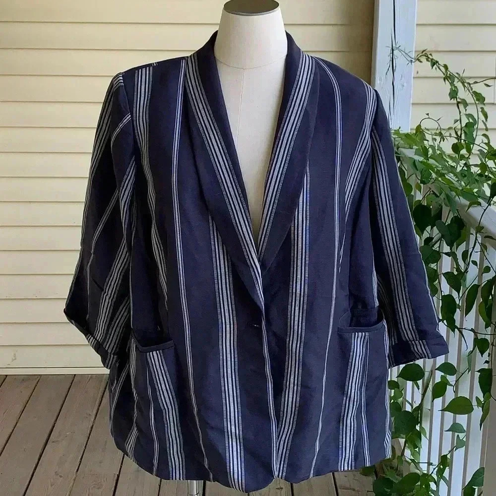 Lane Bryant Blazer Jacket Linen Rayon Blend Blue Plus Sz 26 *Missing Button